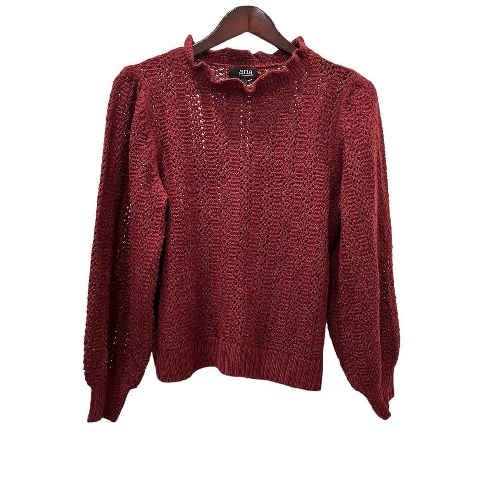 ANA Womens Burgundy Sweater Open Knit High Neck Size Medium